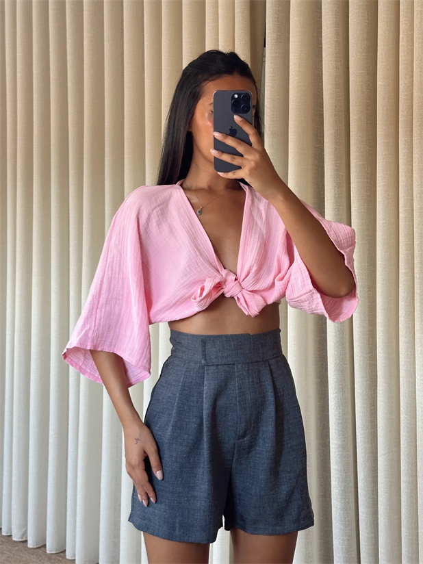 Cırtlı Keten Şort - Antrasit