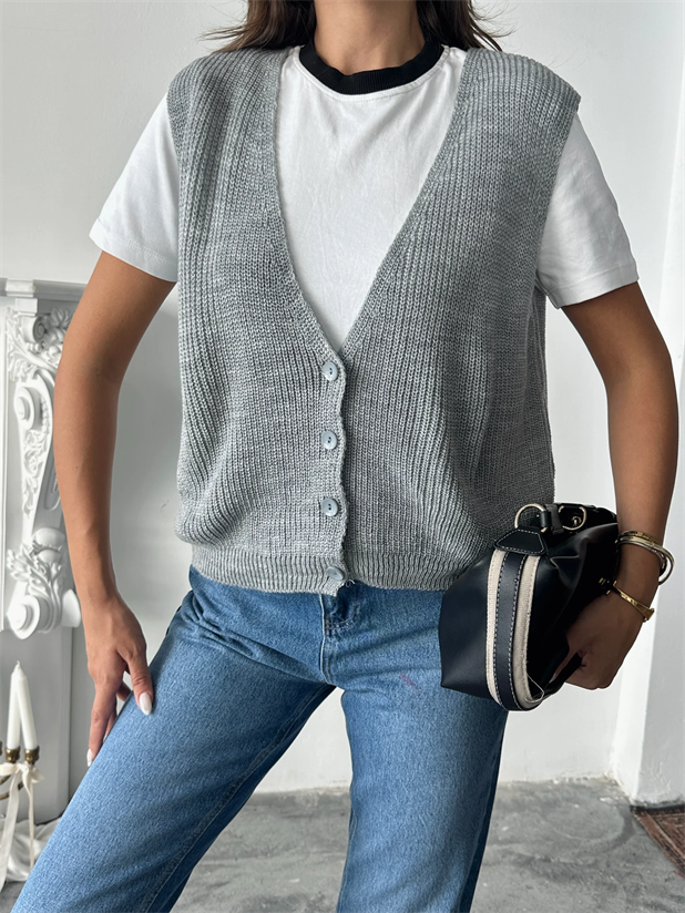 Dört Düğme Selanik Yelek - Gri