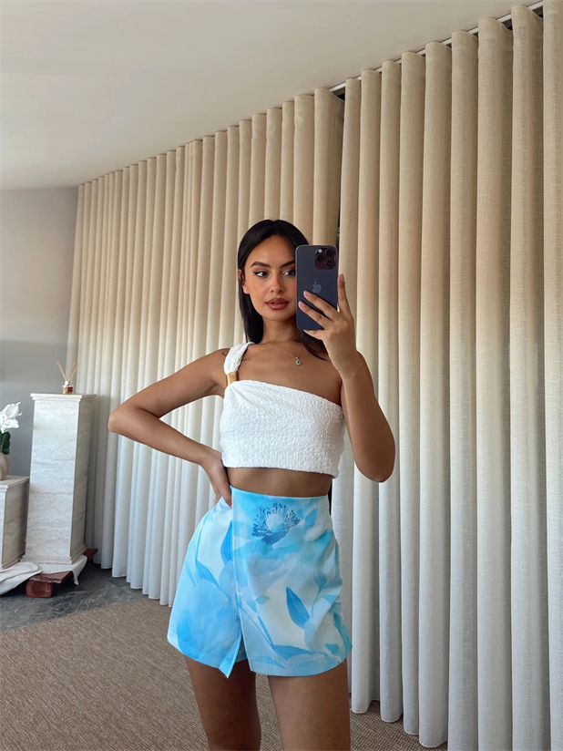 Çiçek Baskılı Mini Şort Etek - Mavi