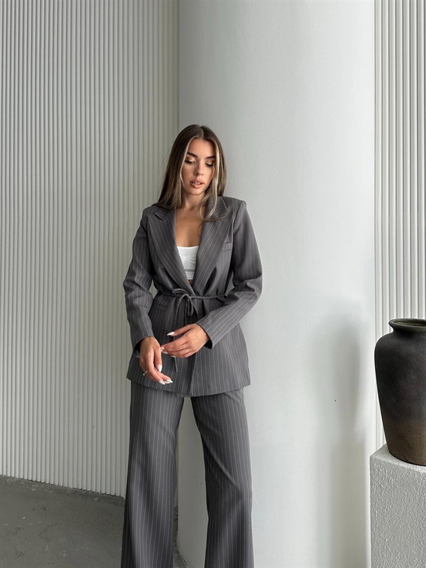Bel Bağlama Line Blazer Ceket - Füme
