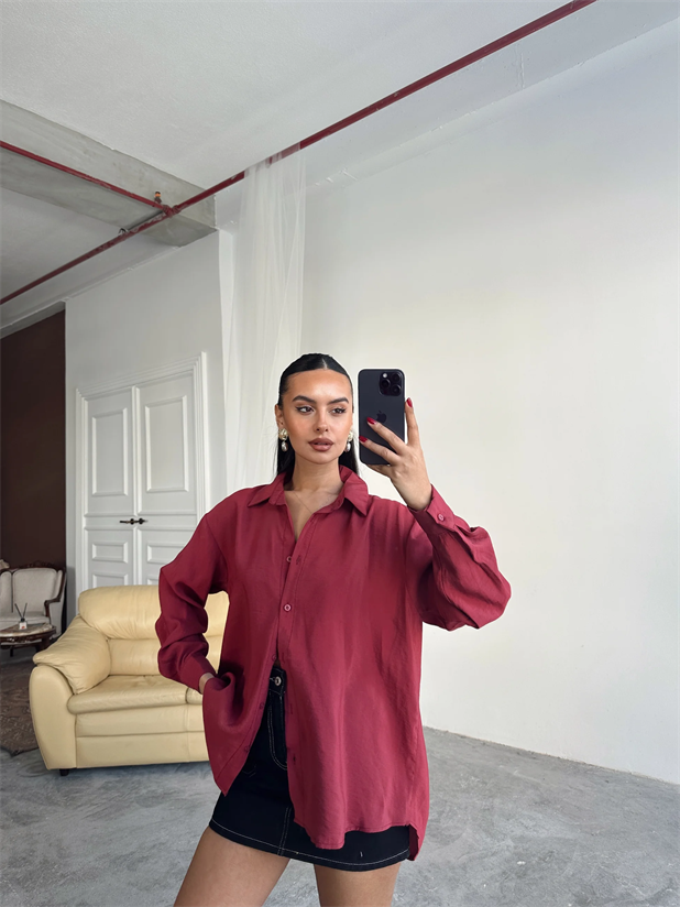 Oversize Modal Gömlek - Bordo
