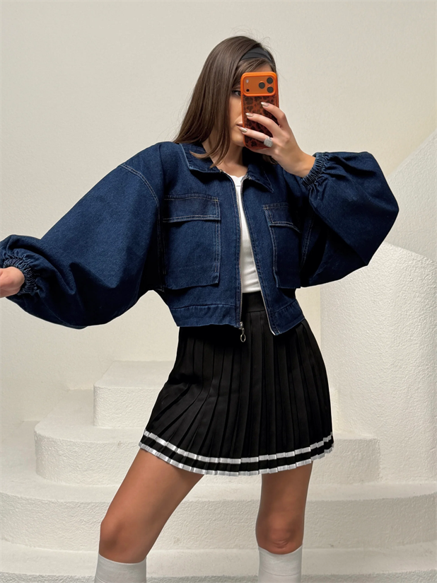 Kapak Cepli Balon Kol Denim Ceket - Lacivert