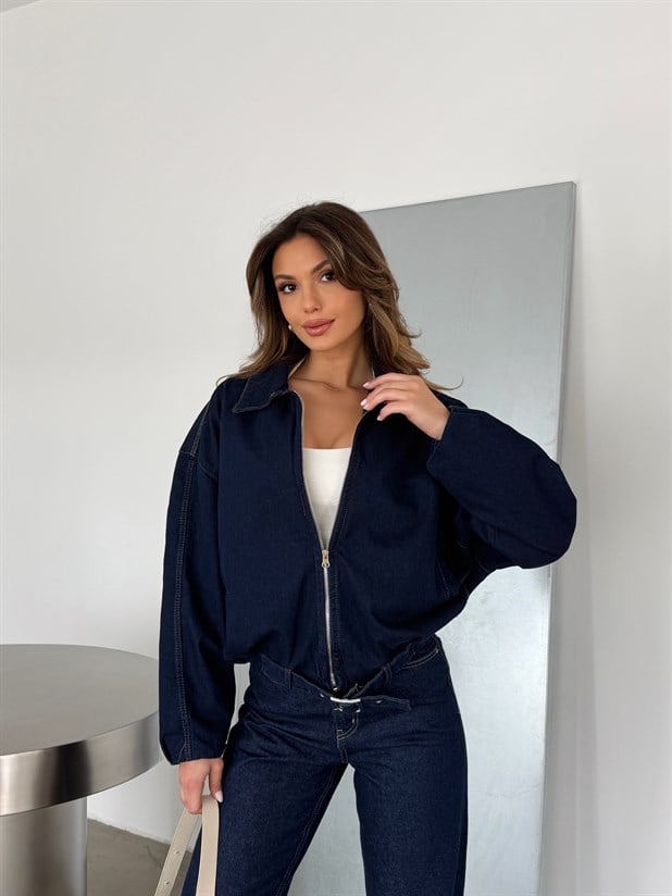 Kemerli Bomber Kot Ceket - Lacivert