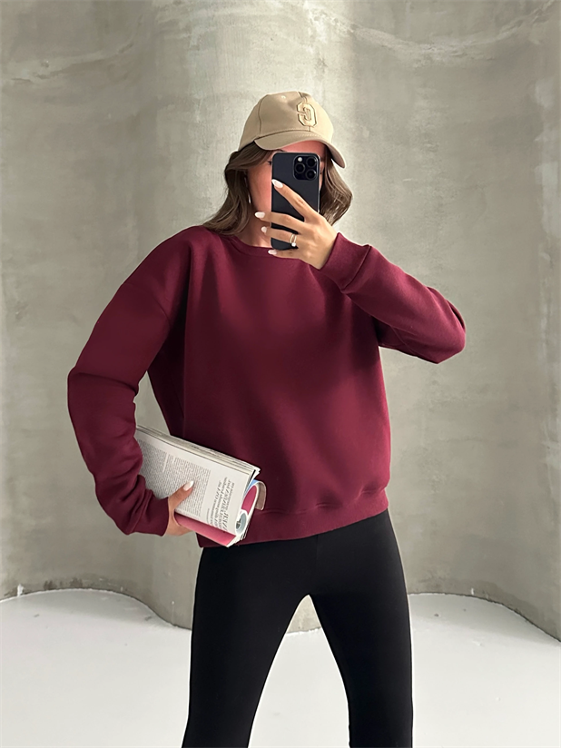Düz Basic Sweatshırt - Bordo