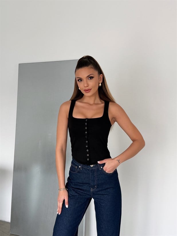 Kare Yaka Çıtçıtlı Bluz - Siyah