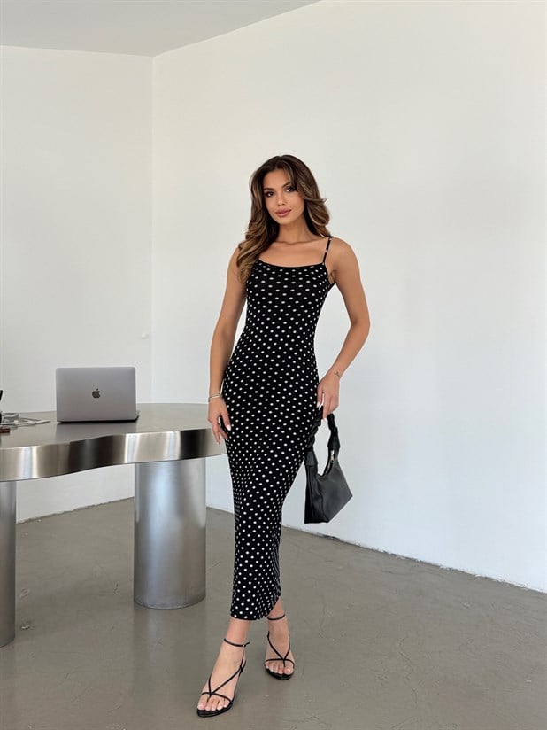 Askılı Puantiye Elbise - Siyah