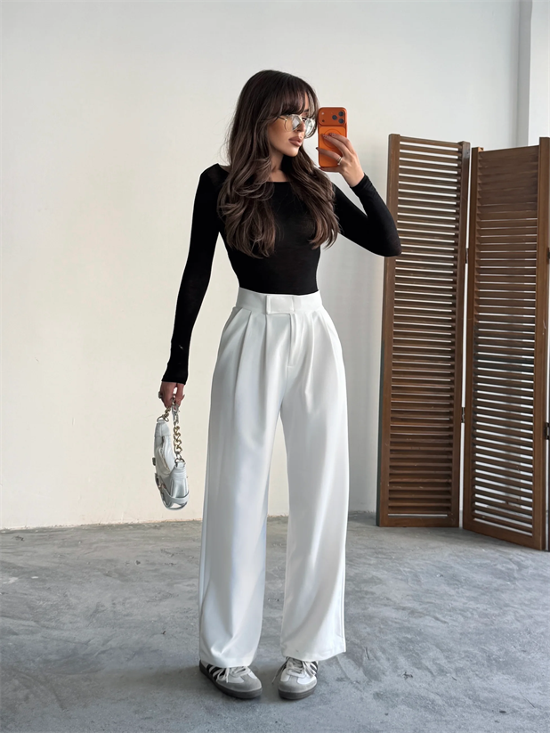 Bel Cırtlı Palazzo Pantolon  - Beyaz