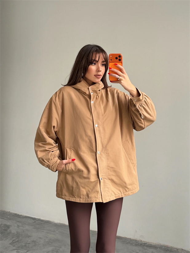 Kapüşonlu İçi Peluş Mont - Vizon