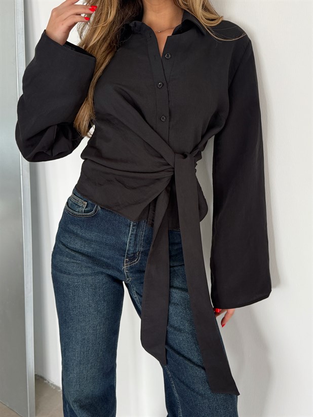 Önü Bağlamalı Gömlek - Siyah