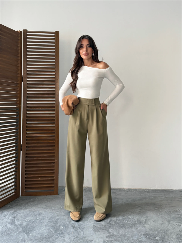 Bel Cırtlı Palazzo Pantolon  - Haki