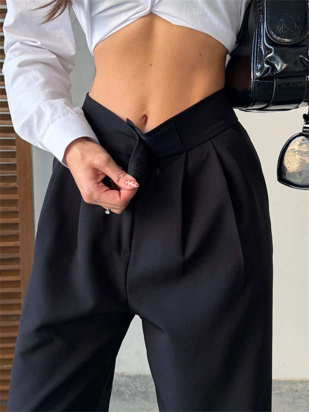 Bel Cırtlı Palazzo Pantolon  - Siyah