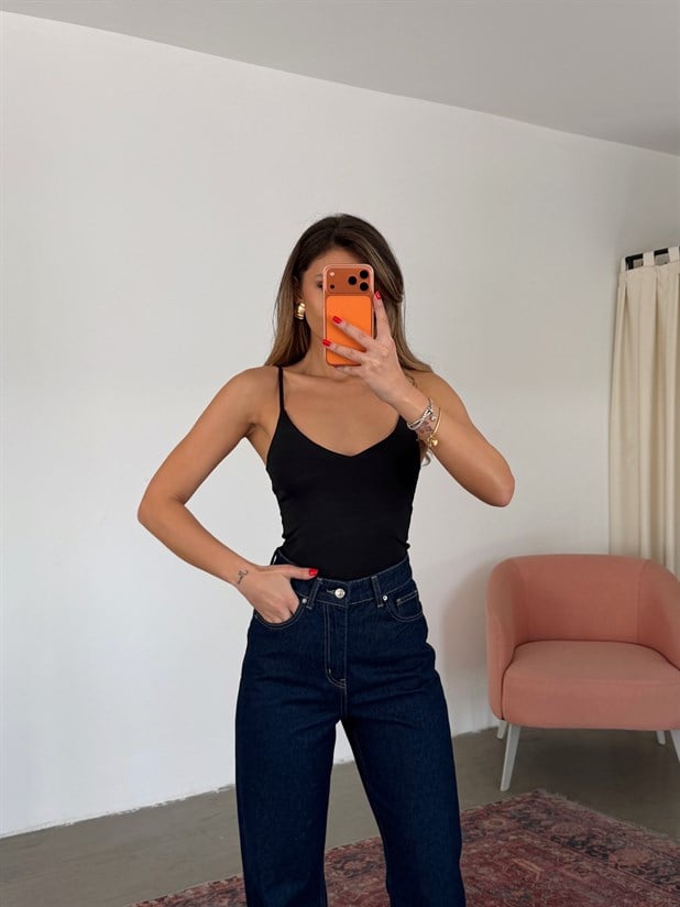 Askılı Crop Bluz - Siyah