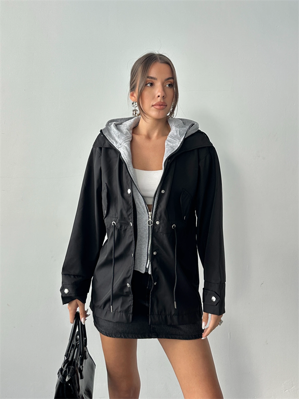 Kapüşonlu Cep Detay Yağmurluk - Siyah
