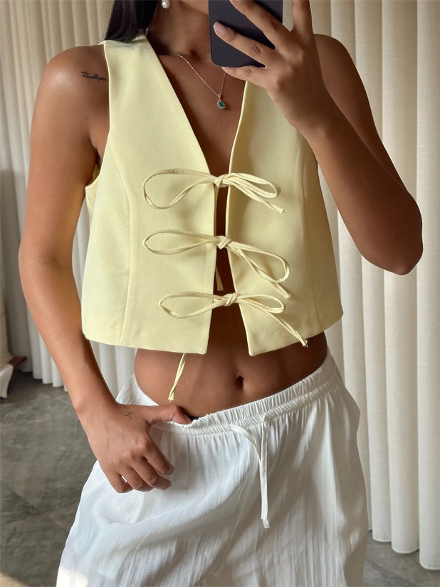 Keten Bağcıklı Yelek  - Sarı