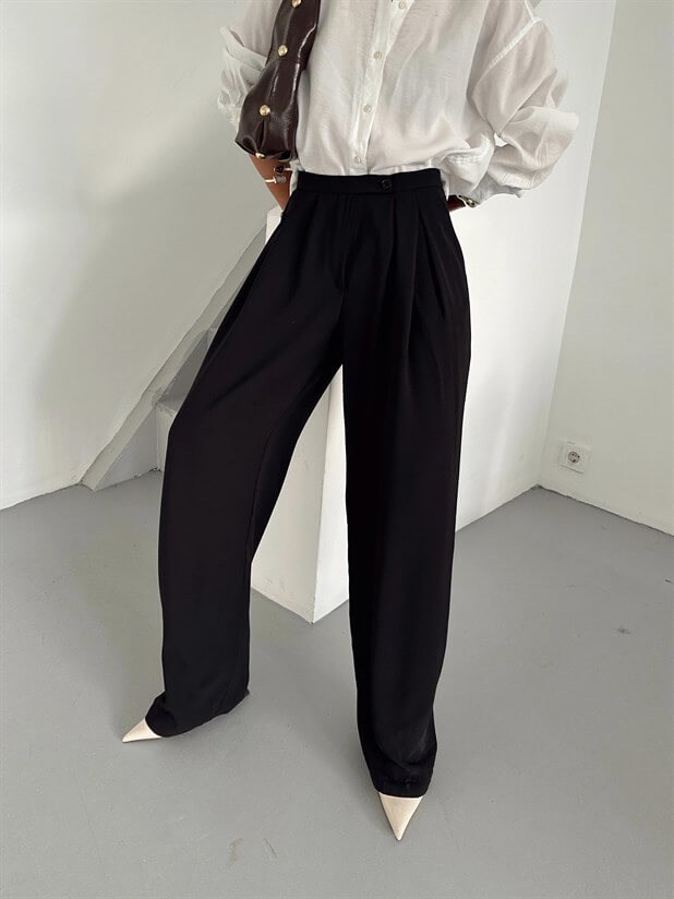 Pileli Geniş Paça Pantolon  - Siyah