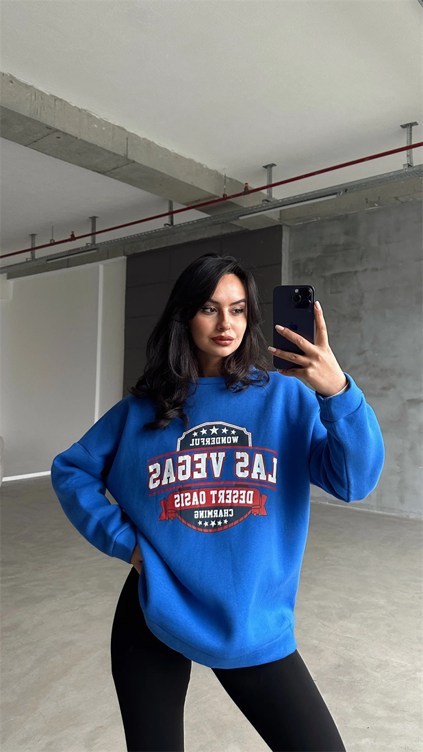 Las Vegas Üç İplik Oversize Sweat Saks Mavi - Mavi