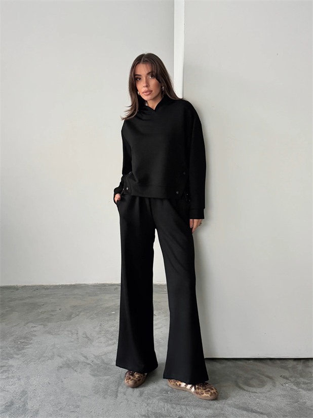 Çıt Çıt Detaylı Kapüşonlu Takım  - Siyah