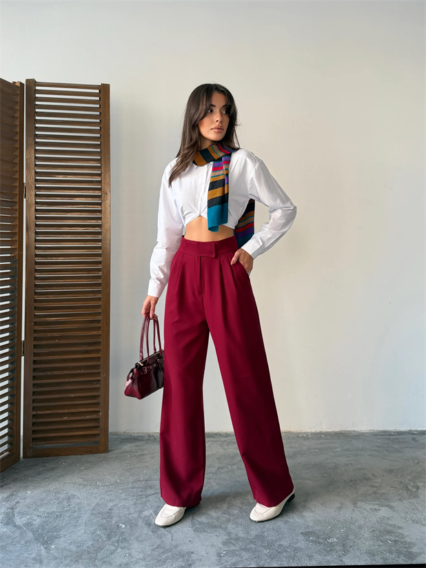 Bel Cırtlı Palazzo Pantolon  - Bordo