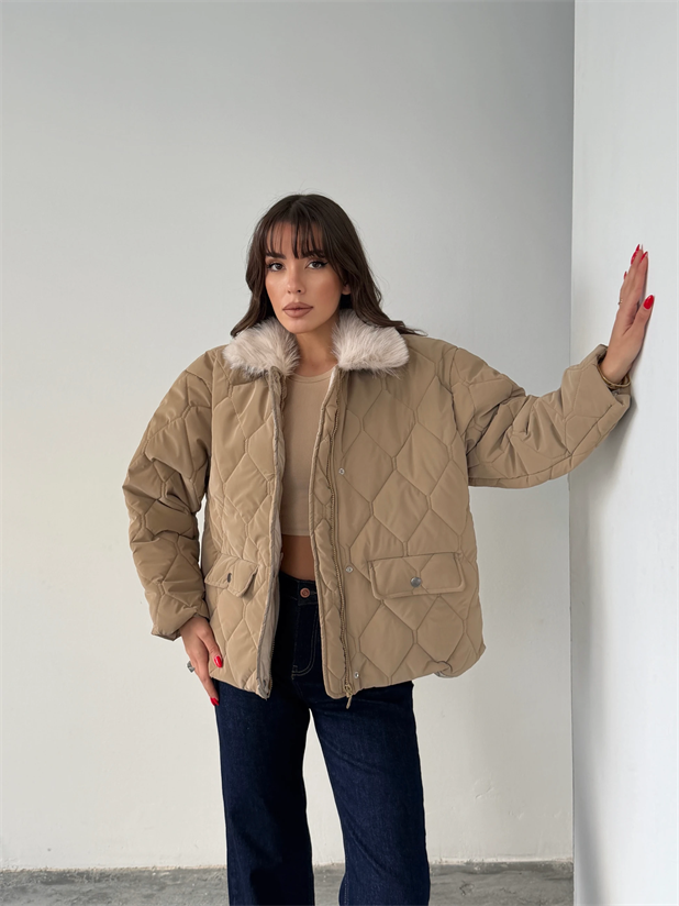 Kapitone Kürk Detay Mont  - Bej