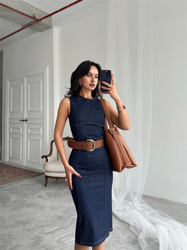 Sıfır Kol Denim Elbise - Lacivert