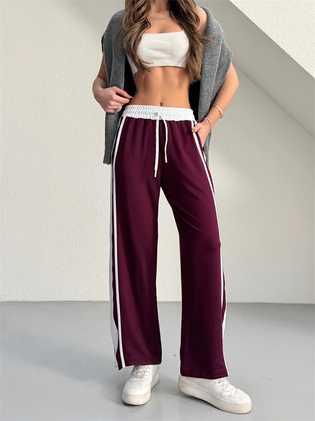 Yan Şerit Bol Paça Eşofman - Bordo