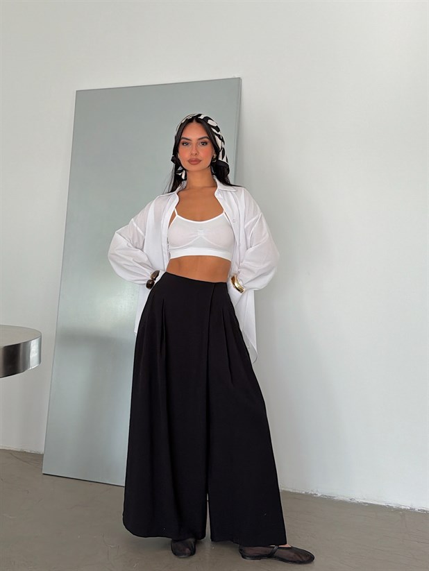 Etek Görünümlü Bol Paça Pantolon - Siyah