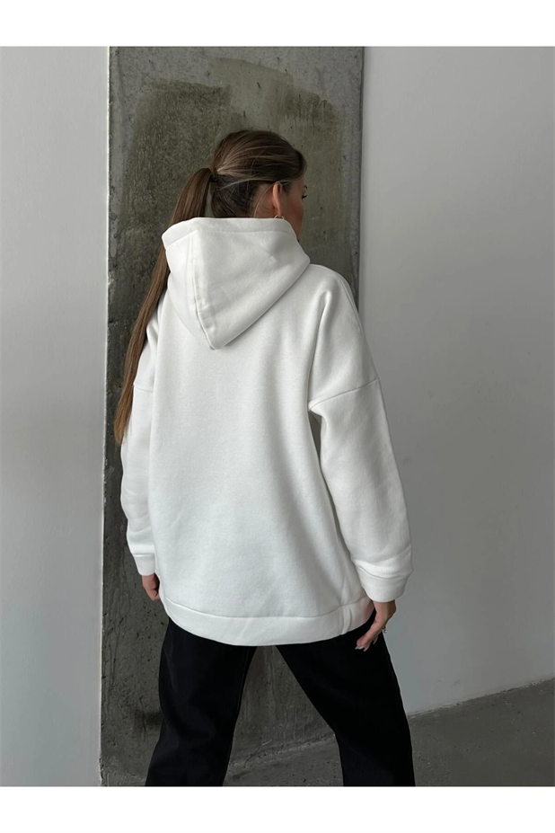 Queens Üç İplik Kapüşonlu Oversize Sweat Beyaz - Beyaz