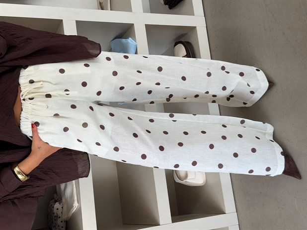 Keten Puantiye Desenli Pantolon - Ekru