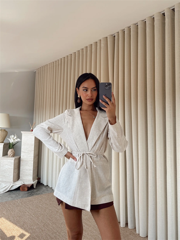 Keten Bağlamalı Blazer Ceket - Ekru