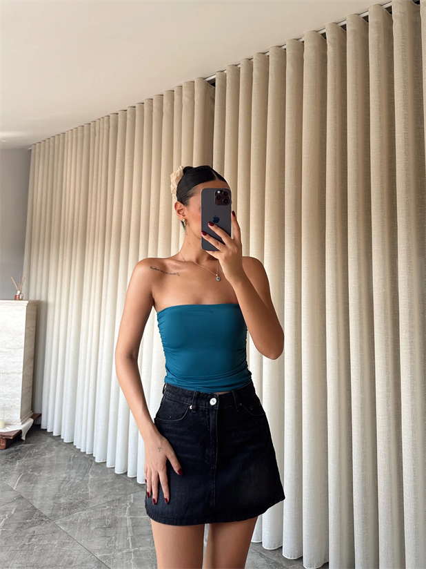 Drapeli Straplez Crop - İndigo