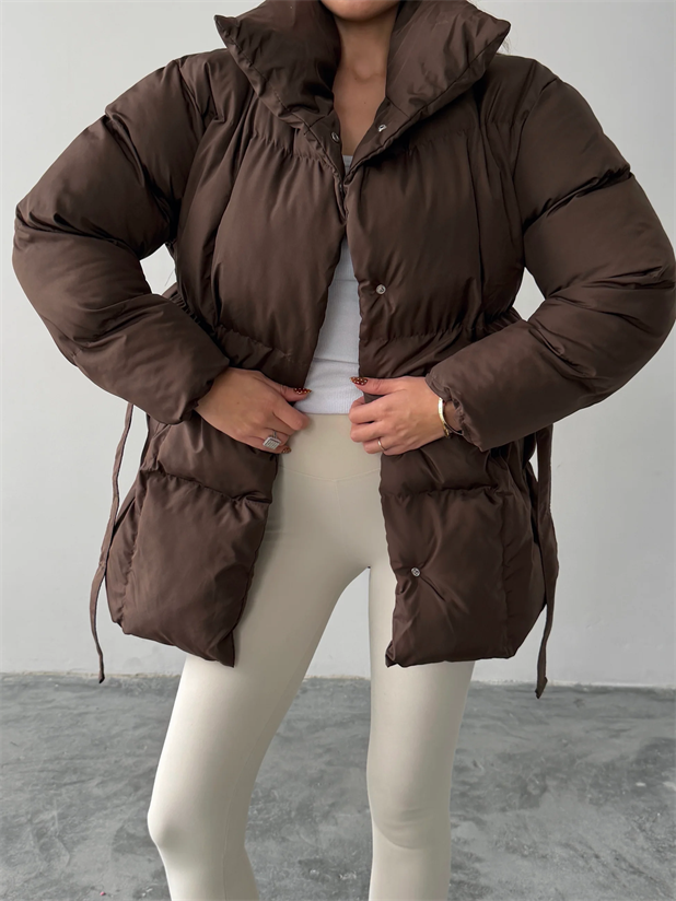 Kuşaklı Şişme Mont  - Kahve