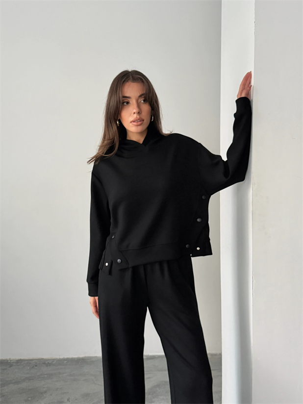 Çıt Çıt Detaylı Kapüşonlu Takım  - Siyah