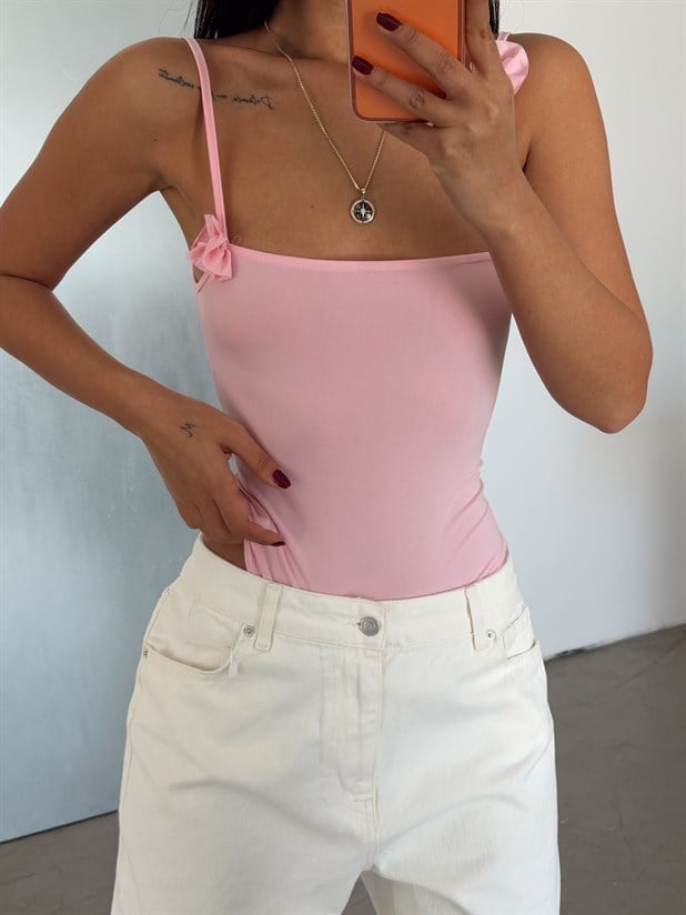 Gül Detaylı Bodysuit - Pembe