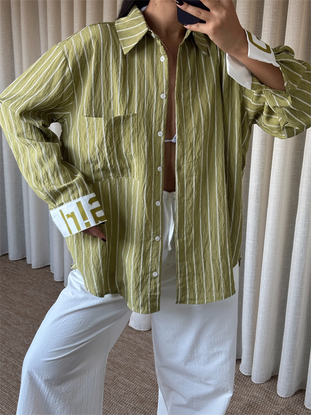 Çizgili Gömlekli Takım - Yağ Yeşili