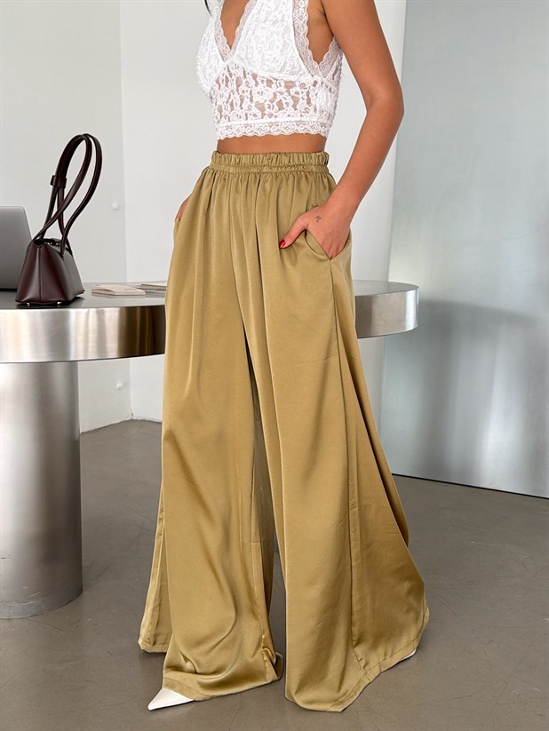 Bol Paça Saten Pantolon - Yağ Yeşili