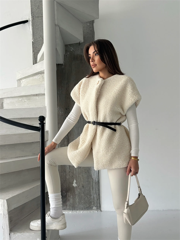 Kemerli Kürk Yelek - Ekru