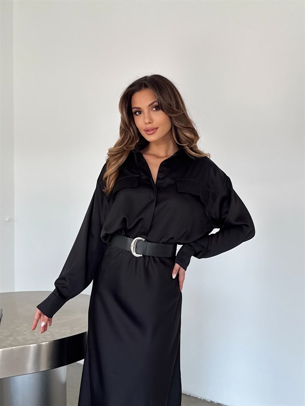 Kapak Cepli Krep Saten Gömlek - Siyah