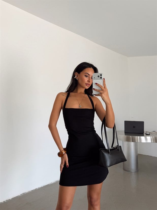 Halter Yaka Mini Elbise - Siyah