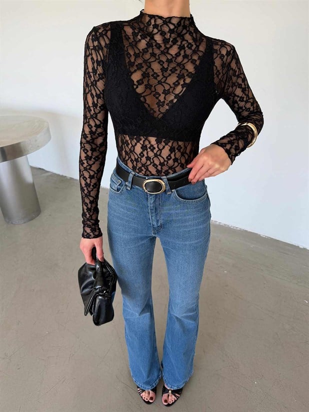 Dik Yaka Dantel Bluz - Siyah