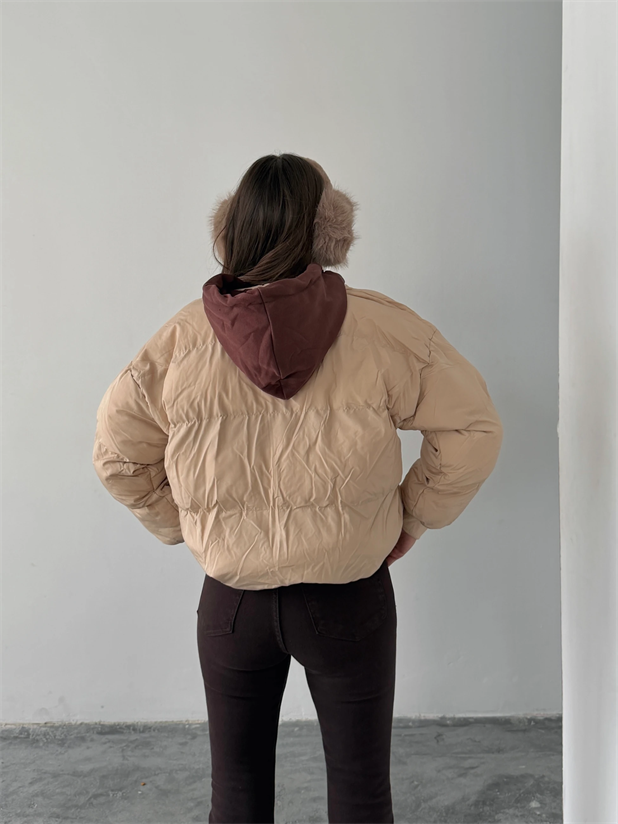 Kapüşonlu Şişme Mont - Taş