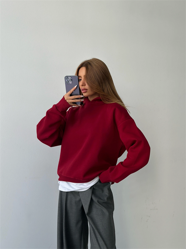 Kapüşonlu Sweatshırt Bordo - Bordo