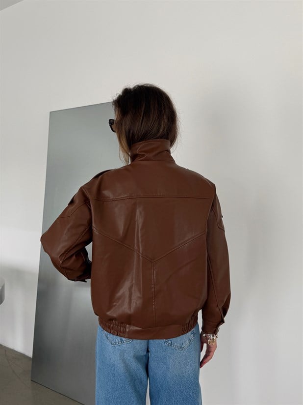 Oversize Iconıc Deri Ceket - Taba