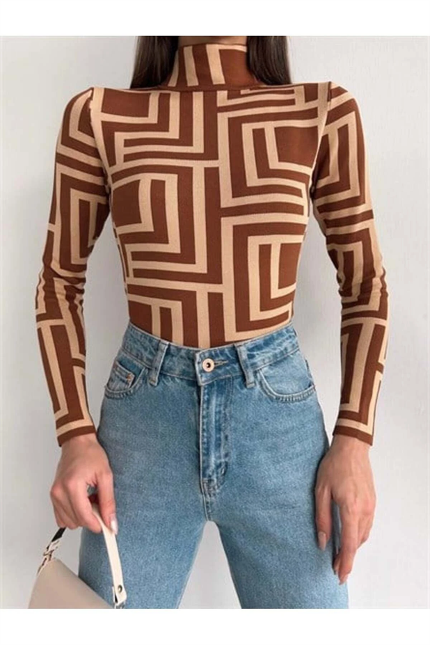 Desenli Dik Yaka Triko Bluz KİREMİT DESEN - Kiremit Desen