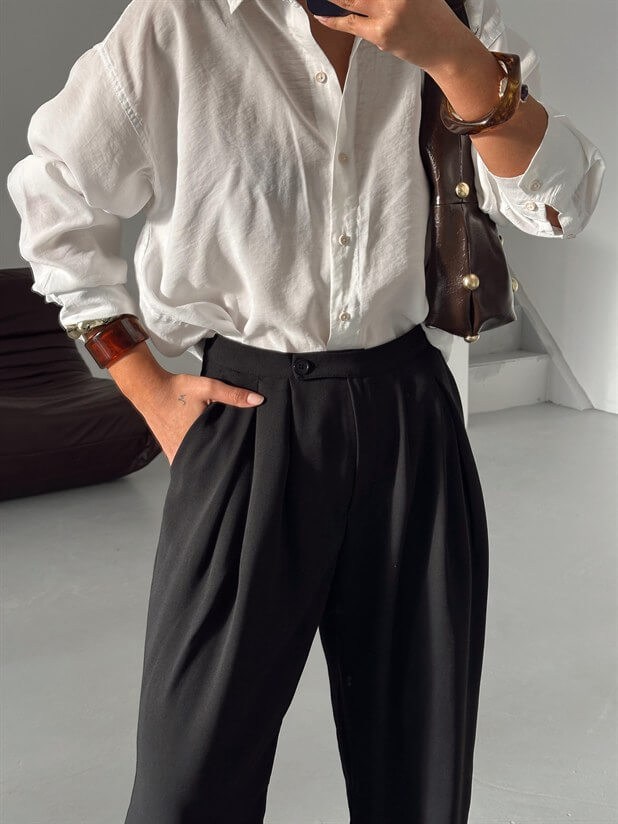 Pileli Geniş Paça Pantolon  - Siyah