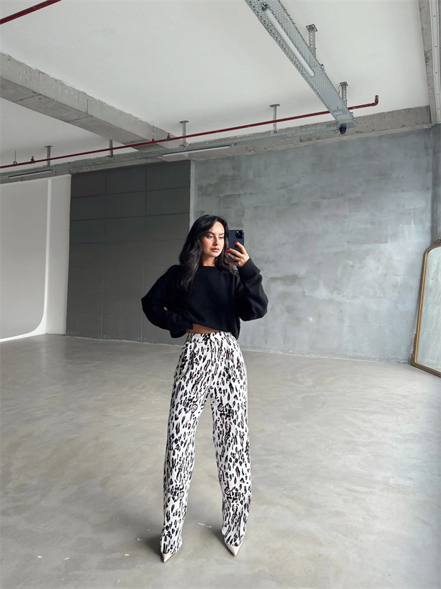 Animal Desen Palazzo Pantolon - Beyaz Leopar