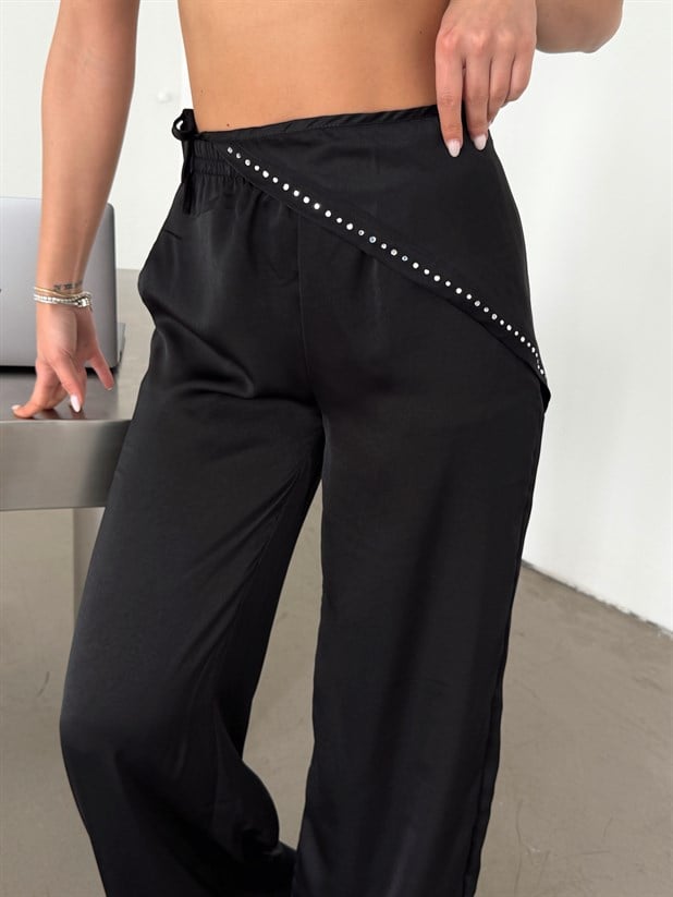 Saten Şallı Jogger Pantolon - Siyah