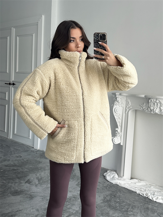 İç Astarlı Oversize Peluş Mont  - Taş