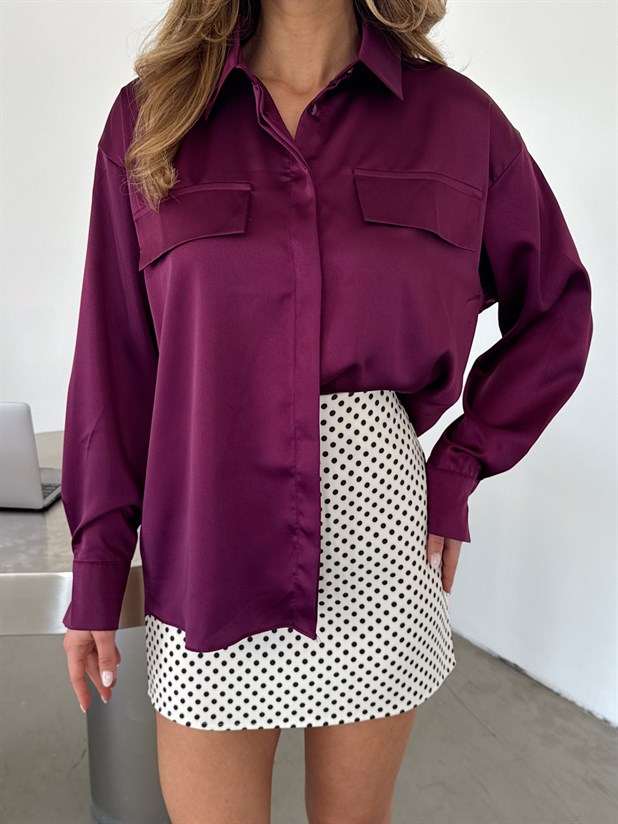 Kapak Cepli Krep Saten Gömlek - Mürdüm