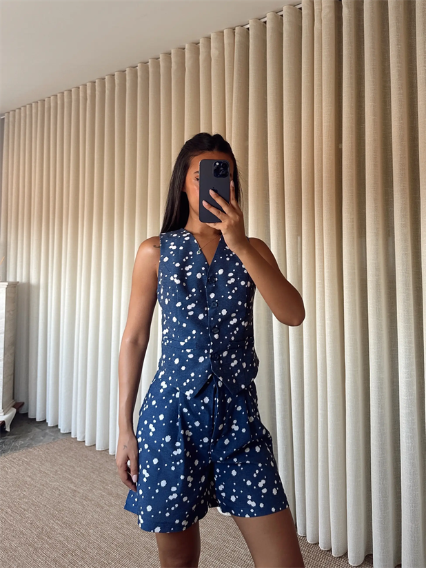 Desenli Şort-Yelek Takım  - Lacivert