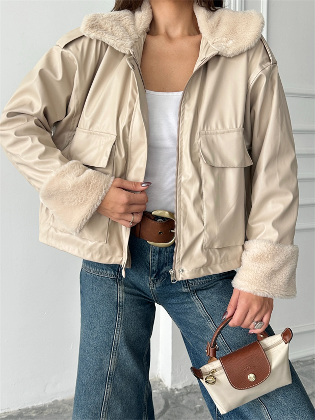 Kürklü Deri Mont - Taş